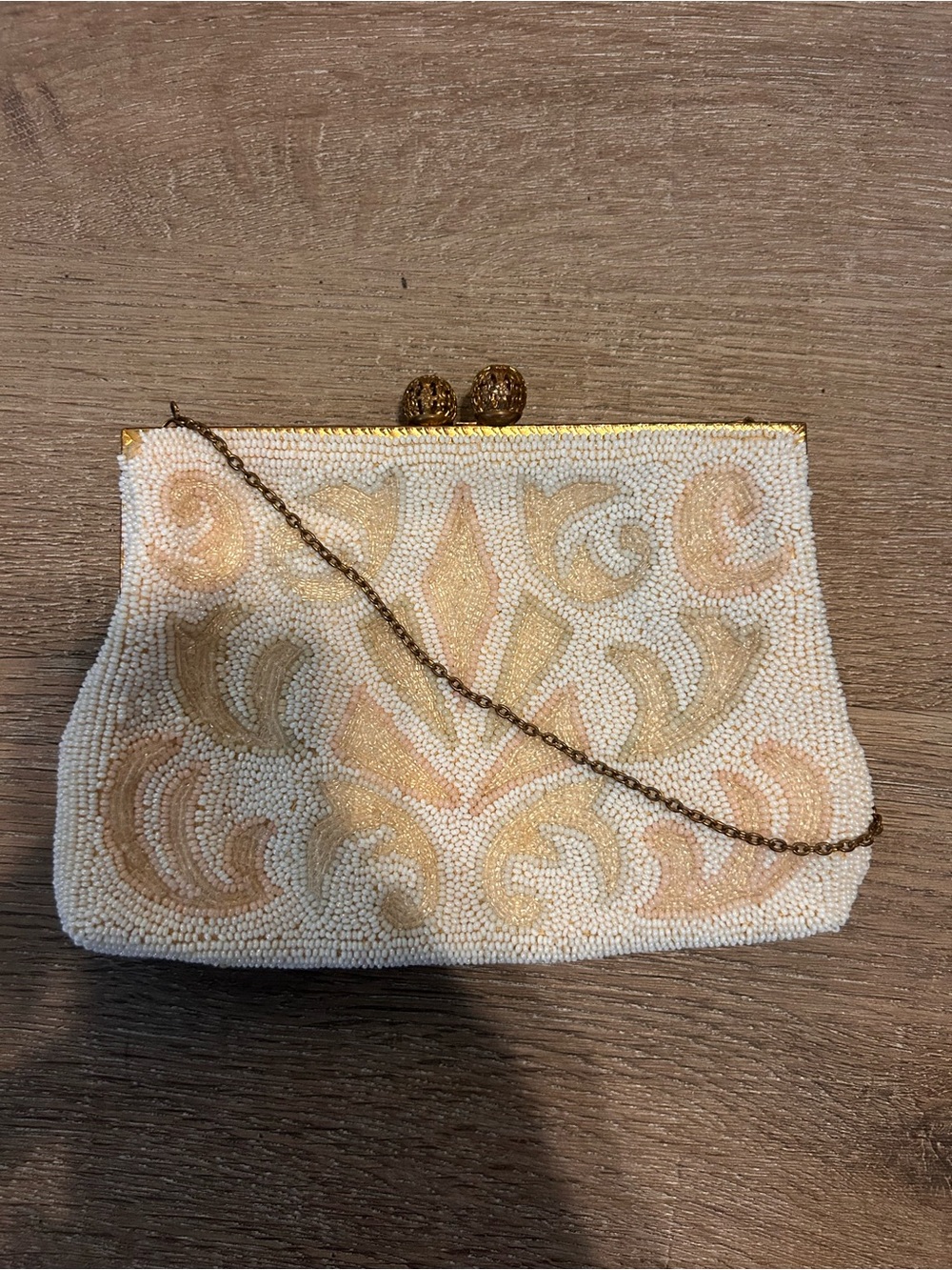 Walborg Vintage Beaded Evening Clutch Purse Ivory Pastel Swirl Gold Chain - Picture 4 of 11